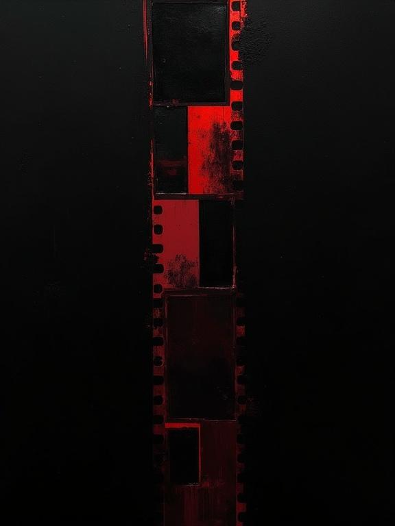 Digital oil painting with a black background. Harsh paint strokes are visible. The artwork features cubist and unfinished artistic elements. Flat colors used with dynamic silhouette design. Minimalist style highlighted with repeating diagonal voids shaped like film negatives. Shadows combine with cubist edges resembling torn film strips.