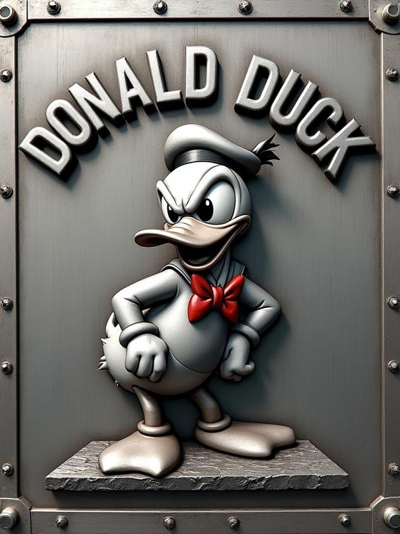 High-relief engraving style of Donald Duck in furious pose. Iconic sailor hat and red bow tie present. Crisp lines and metallic texture. Positioned off-center, angled toward viewer. Framed by steel border with rivets.
