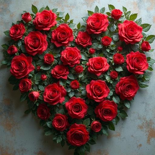 A heart shape created from numerous red roses with green leaves arranged beautifully on a neutral background.