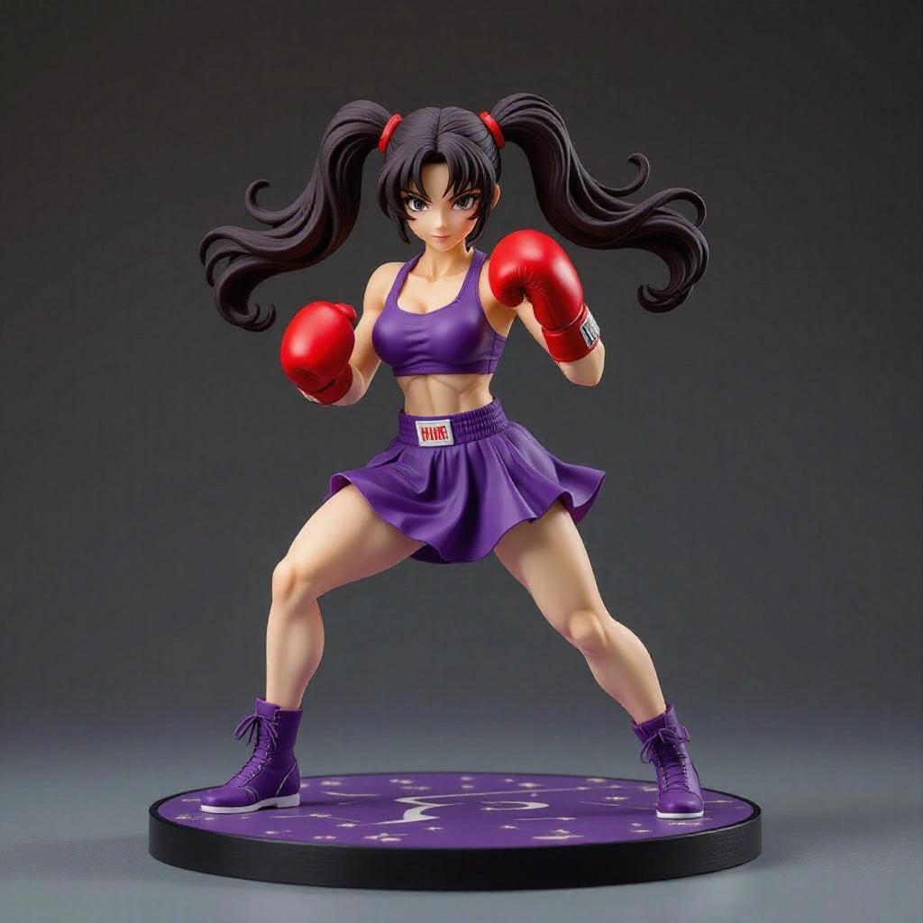 Female resin figure inspired by Hitmonchan. Sensual young woman with a super muscular body. Feminine face with confident expression. Red boxing gloves, purple sports top, short flowing purple skirt. Combat pose with leg forward and arm extended. Long hair in three ponytails, simulating Hitmonchan. Elegant base like a ring floor with stars. Designed for resin printing.