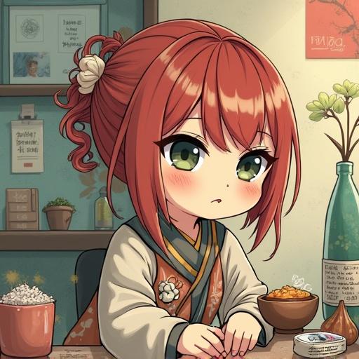 Anime girl with red hair, wearing traditional Japanese attire, emotional expression, sitting at a table, soft lighting, Japanese style meeting modern aesthetics.