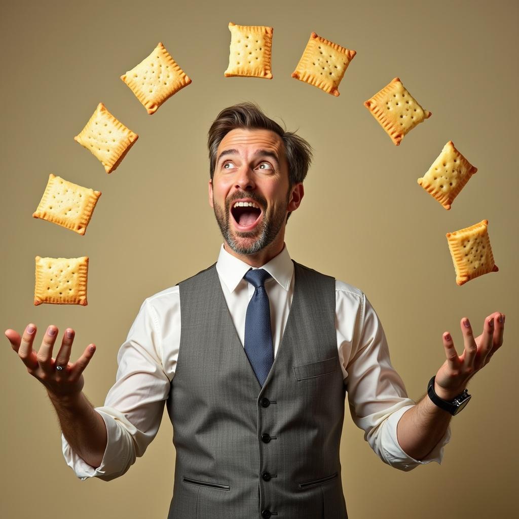 A man in a suit is juggling poptarts in a playful manner. The background is a warm beige color. The scene captures a lighthearted moment in food juggling.