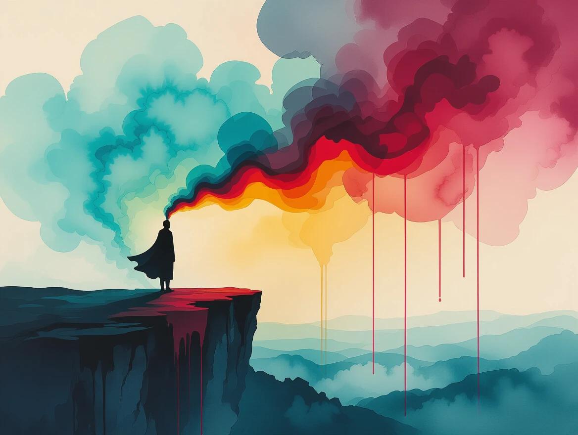 Lone figure positioned on the edge of a cliff surrounded by vibrant ink. Crimson, cyan, and black ink flows from the figure into the wind. Abstract patterns drift behind like a cloak. Epic scale with a surreal atmosphere. Glowing sky filled with blended colors. Composition follows the rule of thirds. Figure is artistically placed off-center.