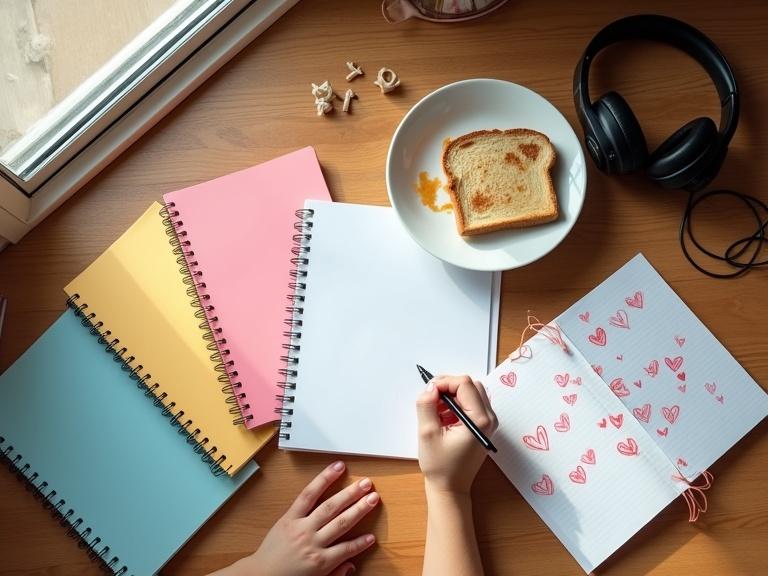 Overhead view of a wooden desk with objects. A teen's hand holds a pen and writes on paper. Three spiral-bound notebooks in pink, blue, yellow colors are scattered. A white plate with half-eaten buttered toast is present. Black wired headphones are tangled. Loose paper sheets have red heart doodles. Natural light comes from a window on the left.