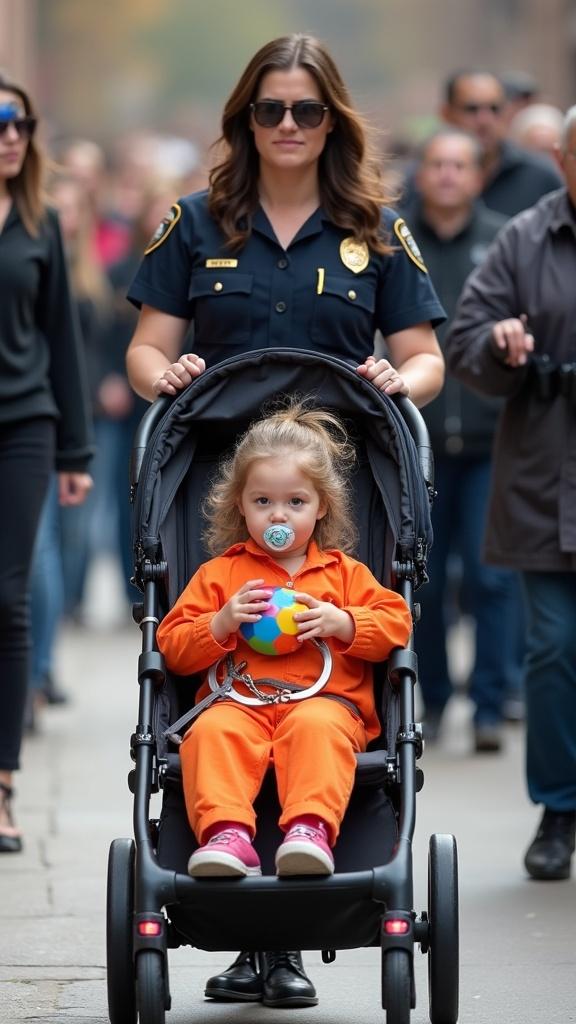 A mother walks with her daughter in a stroller among a lively crowd. Mother wears a jail guard uniform. Daughter wears an orange jumpsuit and holds a colorful rattle. Child has a pacifier. Stroller has police car lights. Crowd watches and laughs at the scene. Mother appears dedicated.