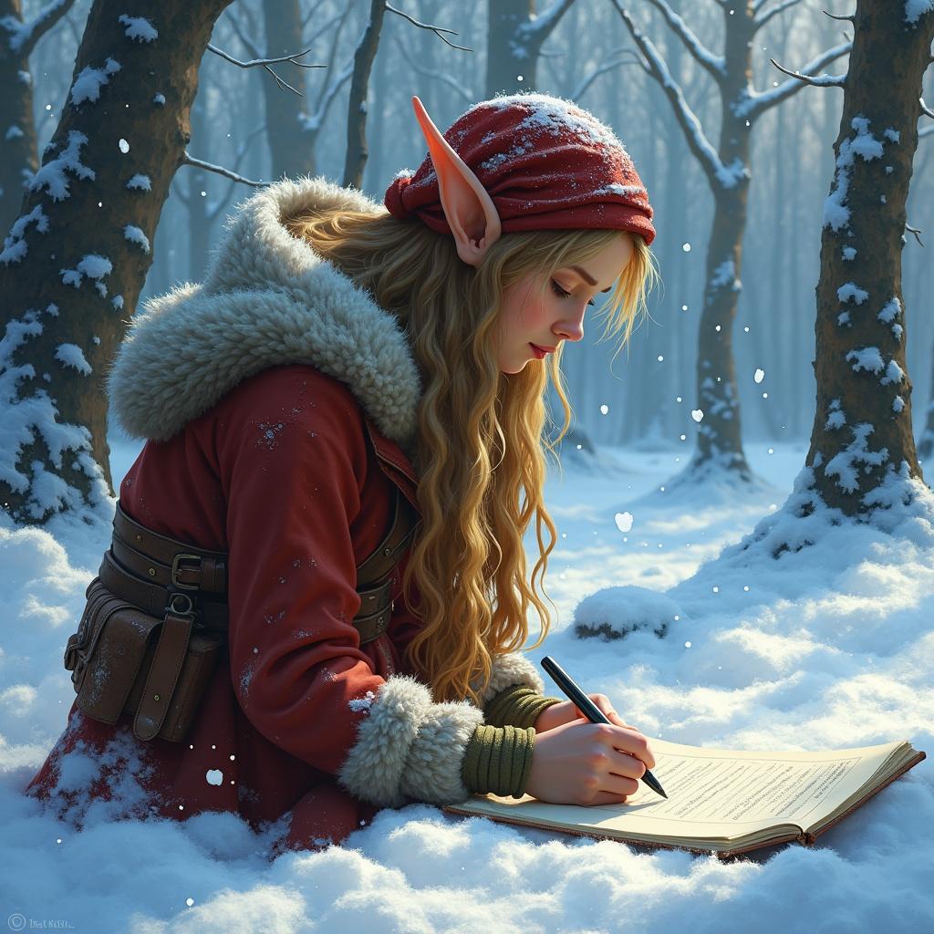 An elf girl sits in a snowy forest, writing intently in a large book. She has long, wavy hair and pointed ears, clad in a warm red cloak with fluffy lining. The surrounding trees are dusted with snow, creating a serene and magical atmosphere. Light filters softly through the branches, enhancing the enchanting scene. The elf is focused on her writing, suggesting a deep connection to the world around her.