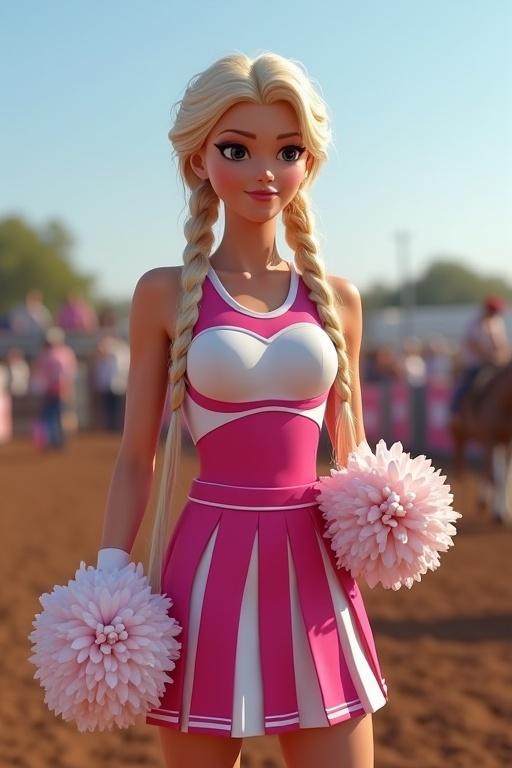 Attractive animated cheerleader with long hair in pigtails. Dressed in pink and white cheerleader uniform. Holding pom poms. Cheering at a rodeo event.