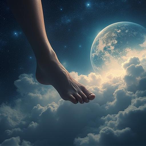 Surreal scene with a colossal human foot. The foot emerges from fluffy clouds. Earth and Moon visible in the background. Scene set in a star-filled deep space. Evokes themes of mythology and cosmic wonder.