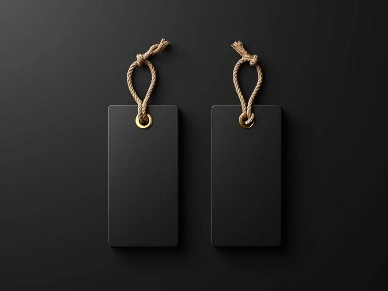 Two black rectangular hanging tags on a dark background. Each tag has a golden eyelet and beige smooth thin rope loop. The style is minimalistic and elegant. The view is from above with soft lighting. The texture is realistic and highly detailed. The layout is symmetrical and resembles a professional product photography.