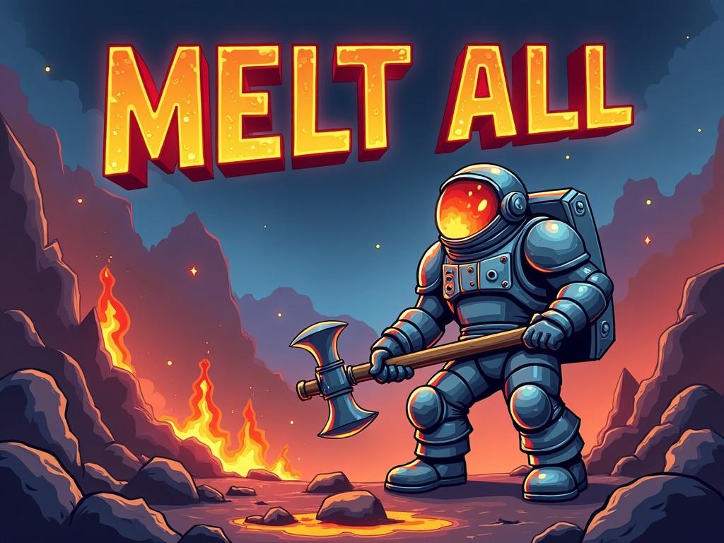 An astronaut in a futuristic suit holding an axe, standing in a lava-filled landscape with the words 'MELT ALL' above.