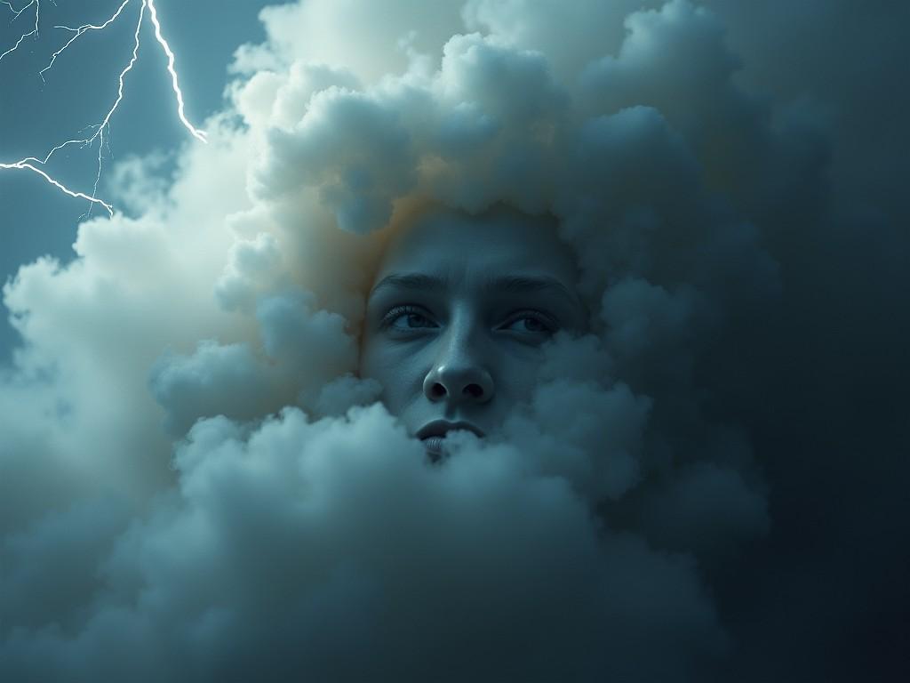 The image features a surreal depiction of a face emerging from dense clouds, shrouded in a moody, stormy atmosphere. The soft clouds surround the face, which has a contemplative expression. Lightning strikes can be seen in the background, adding to the dramatic flair. The blue and grey tones create an ethereal effect, evoking feelings of mystery and introspection. This composition blends human features with elements of nature seamlessly, reflecting a compelling interplay between the two.