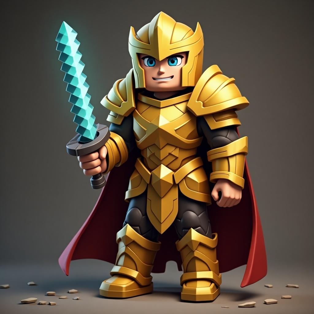 Image of a Minecraft character wearing golden armor and holding a netherite sword. Character designed in a cartoon style with bold colors and details.