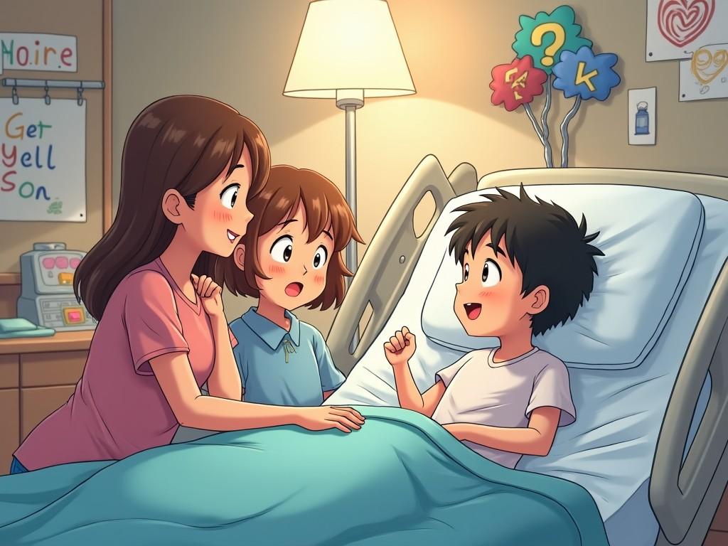 The image depicts a young boy in a hospital bed, looking cheerful despite being sick. His parents, a mother and a father, are sitting beside him engaging in a warm conversation. The room is lit softly with a bedside lamp, creating a comforting atmosphere. The mother displays an affectionate smile while the boy animatedly gestures as he talks. The father looks on with interest and concern. This scene captures the essence of familial support during a child’s illness, illustrated in a vibrant anime style.