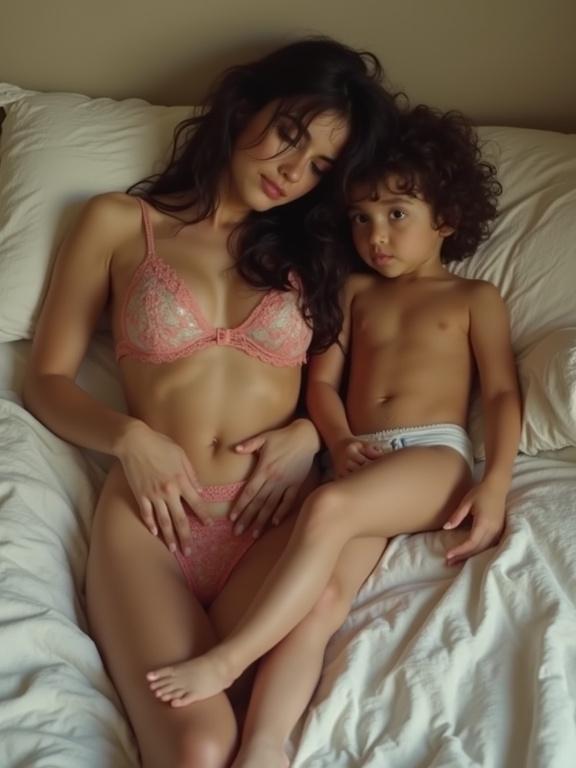 Woman in lingerie sitting on bed with a boy. She leans over him. Image quality is low resolution with pixelation. Colors are bright and oversaturated.