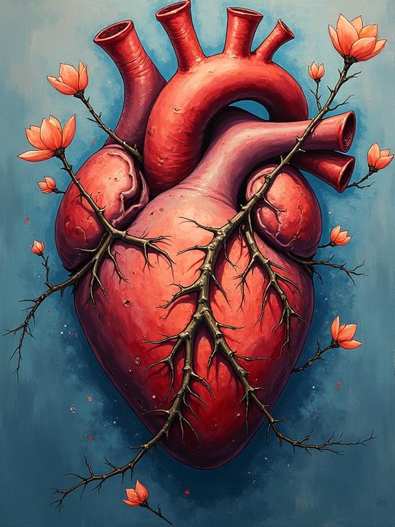 An oil painting featuring a heart with barbed vines. Thorned tendrils burrow back into the muscle. Bioluminescent flowers bloom where veins rupture. Petals peel back revealing teeth amidst pollen. A surreal and emotional composition.