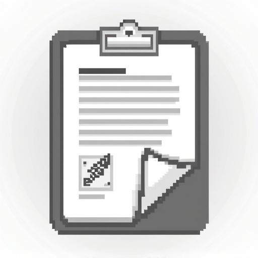 Pictogram of a contract depicted as a clipboard with a document and a seal.