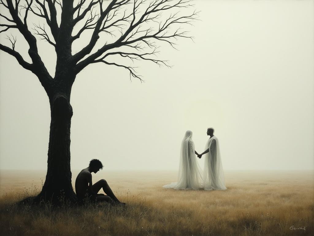 Evocative painting inspired by a haunting landscape. Features a dark tree on the left with two human figures: one seated in sadness and the other leaning against the tree. In the center, two ghostly figures in white holding hands, moving toward the horizon. Barren field extends to the background with scattered leafless trees under a pale sky. Cool tones dominate the palette, emphasizing melancholic mood. Subtle textures and lighting create depth and meaning.