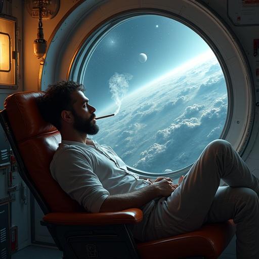 A man reclines in a spaceship chair. He gazes out a window. Outer space scenery is visible. Cosmic details include planets and clouds. Smoke rises from a joint he smokes. The atmosphere is tranquil and contemplative.