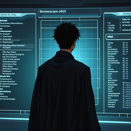 A manwha panel showing a main character looking at his stat windows. The character examines various basic stats on a digital display.
