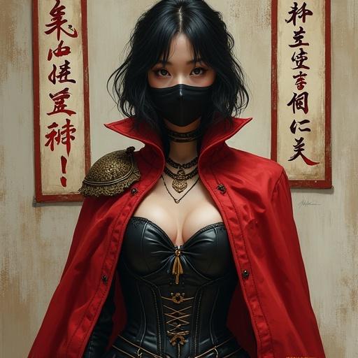 A female warrior assassin in Asian fantasy style. Short black hair in a bob. Lower face covered by a black mask. Wearing fitted black armor with gold and red accents: leather corset, shoulder pads, gauntlets, and greaves. A long red cape attached to one shoulder. Banners with Japanese characters visible in the background against a textured wall. Digital painting style with slight stylization.