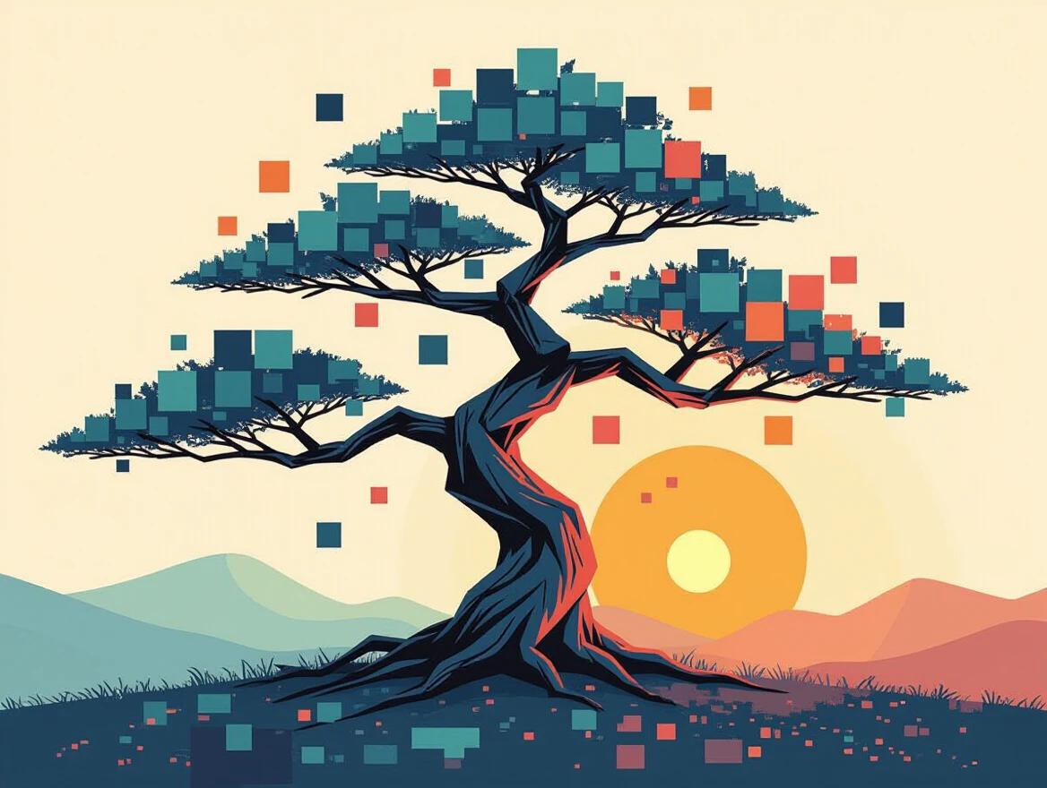 A surreal concept art piece featuring a abstract bonsai tree on a nude background. The tree is formed by an arrangement of squares in various sizes portraying the leaves and flowers. A sunset made of squares appears in the background, with colors like blue, green, black, with hints of orange and pink. Created using sponge dabbing and dry brush techniques, enhancing its artistic surrealism.