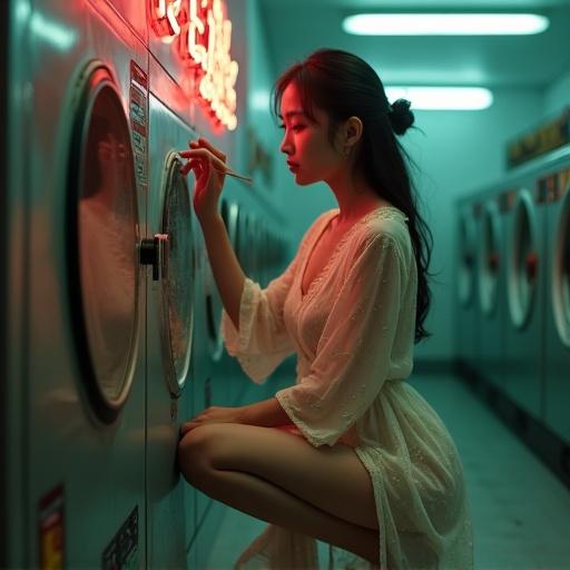 A woman in a laundromat, draped in a sheer robe. High heels are visible, she kneels. Flickering fluorescents create shadows on her face. Neon sign glows red. Her fingers trace a mirror, gaze fixed on frayed fabric. The scene is intimate and serene, with blurred figures in the background.