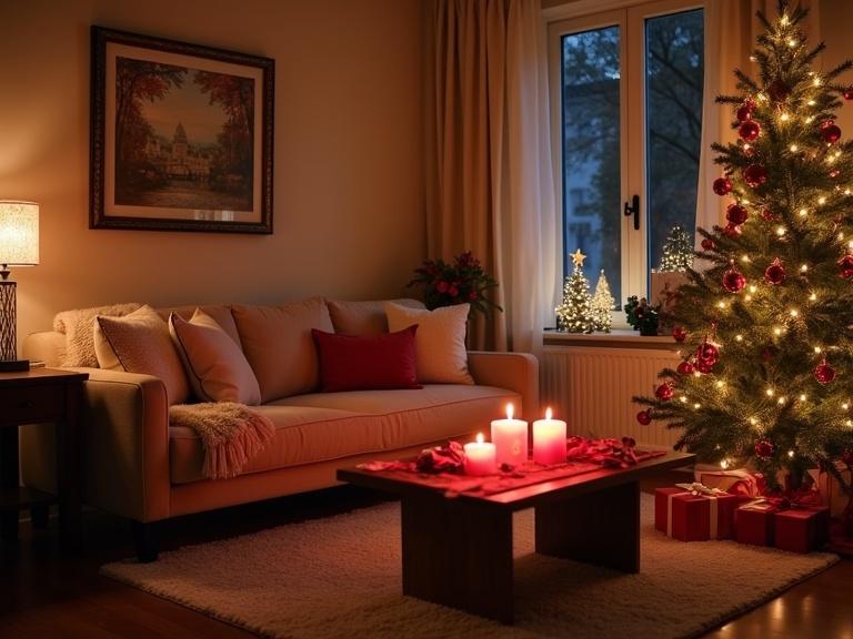 Soft checkered beige living room at night with dark ambiance. A cozy romantic setting with warm lighting. Red candles on the coffee table. Christmas tree and decor present creating a festive atmosphere. One couch, fuzzy pillows, and a blanket add comfort.