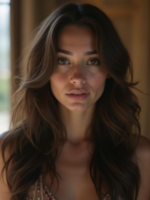 Candid photo of a beautiful woman with soft lighting and long hair. The focus is on her face. Warm colors highlight her features.