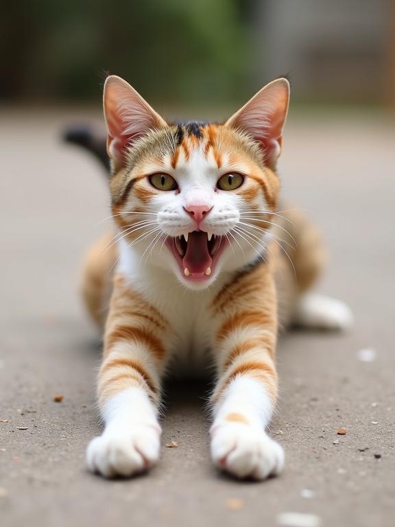 A calico cat stretching on a light brownish-gray surface. The cat is in the center, three-quarter view. Its body faces the viewer. The fur is orange, brown, and white. The expression is playful with an open mouth. The eyes look at the viewer. The cat's body is relaxed with legs extended. The ground is light brownish-gray. Natural diffused lighting highlights the fur. The atmosphere feels relaxed and joyful. The background is soft focus, emphasizing the cat. The angle is slightly elevated.