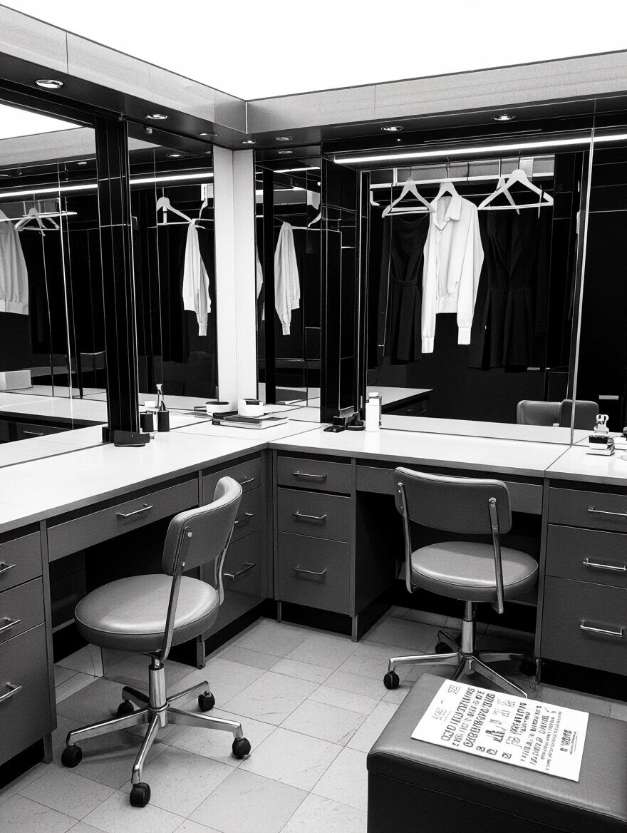 Interior of a dressing room from the 1960s. Features bright mirrors and clothing racks. Includes two empty chairs and a bulletin board with a text at the bottom.