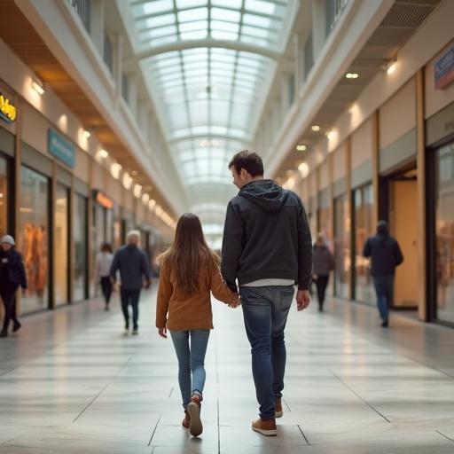 Father and daughter walking together in a shopping mall. The space has modern architecture with bright natural lighting. The focus is on their bonding as they stroll through the retail space.