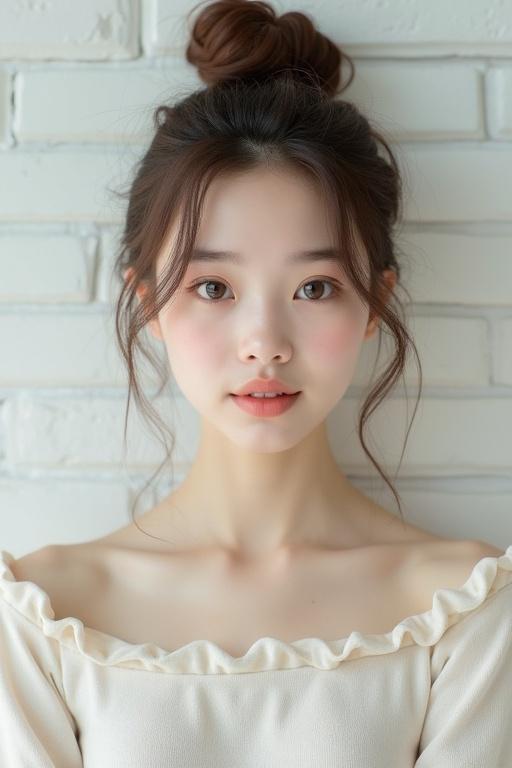 Photorealistic image of a young woman. She has a tender expression. Elegant hairstyle in a bun. Wearing a classic round neck top. Background is a white textured brick wall.