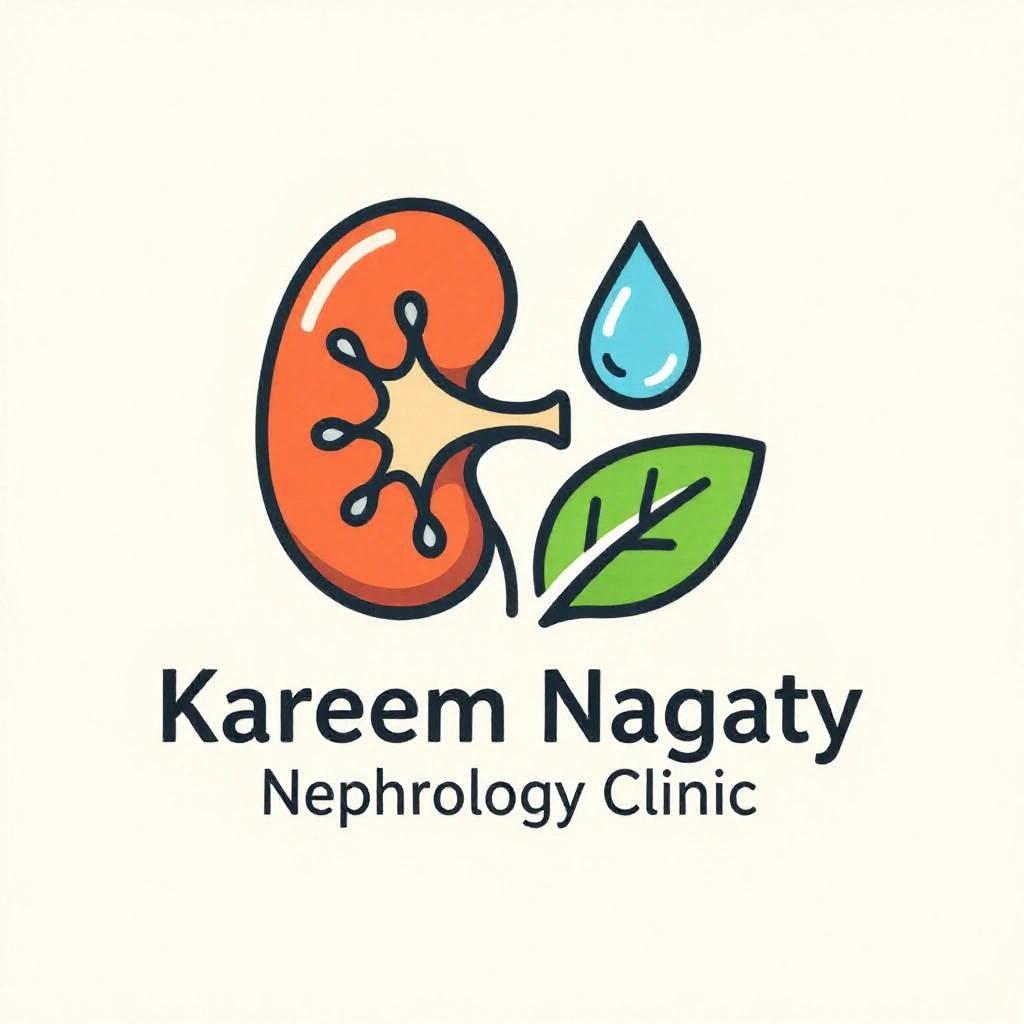 Logo design for a nephrology clinic. Features a kidney, green leaf, and water drop. Includes text 'Kareem Nagaty nephrology clinic'.