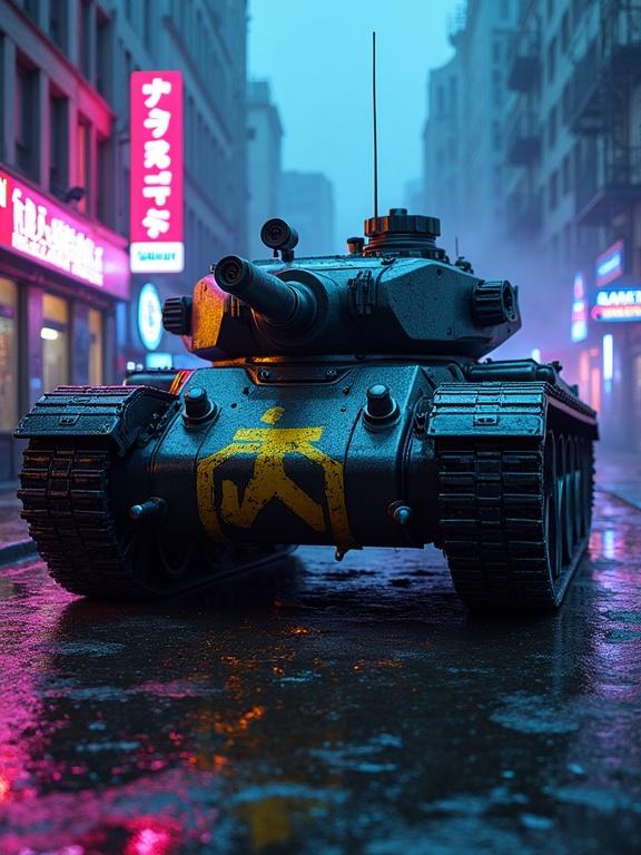 Cyberpunk tank in dark rain-soaked alley. Wheels made from HNBR timing belts coated with heat-resistant rubber. Neon-yellow logo on chrome rims reflects light. Matte black armor with chrome spikes. Blue neon lighting illuminates seams. Smoke billows from exhaust vents. Mechanical impressions on asphalt. Paranoia-inducing atmosphere with holograms.
