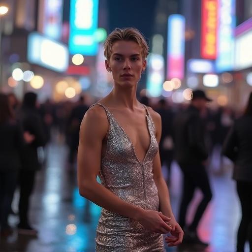 An androgynous man stands on a city street in a silver bodycon dress. The deep V-neck dress has metallic sequins. He adjusts stilettos and smiles. The dress clings to curves. Neon signs reflect on his skin. Blurred figures surround him in the rain. The shot captures motion blur. His gaze is inviting and posture poised.