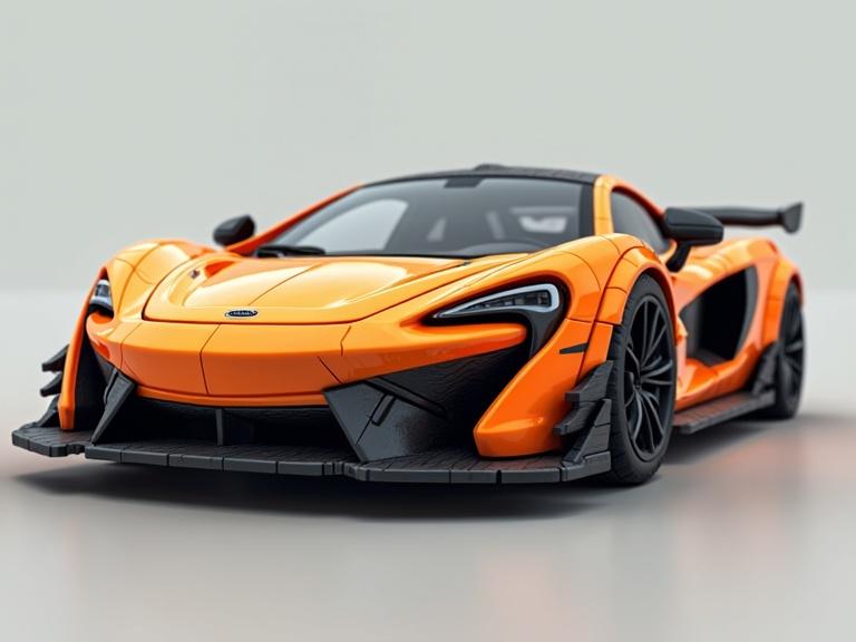 A voxel-style modern orange McLaren sport car is visible. The view is from a low angle. The car has a sleek design with sharp lines and pronounced details. Textures resemble block-like structures typical in voxel art.