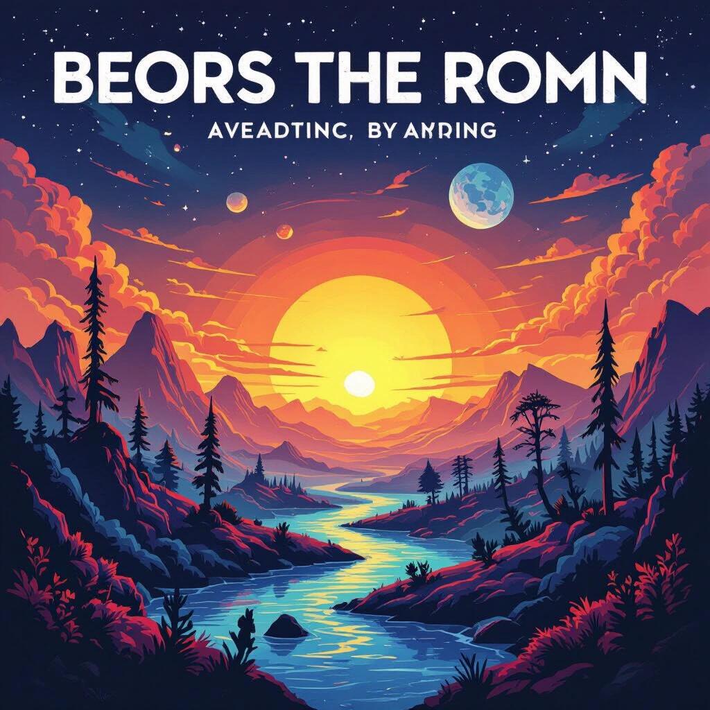 Artwork for a music album cover with vibrant colors. Scenic landscape features a glowing sun on a river. Surrounding mountains and trees create depth. Cosmic elements like planets appear in the sky.