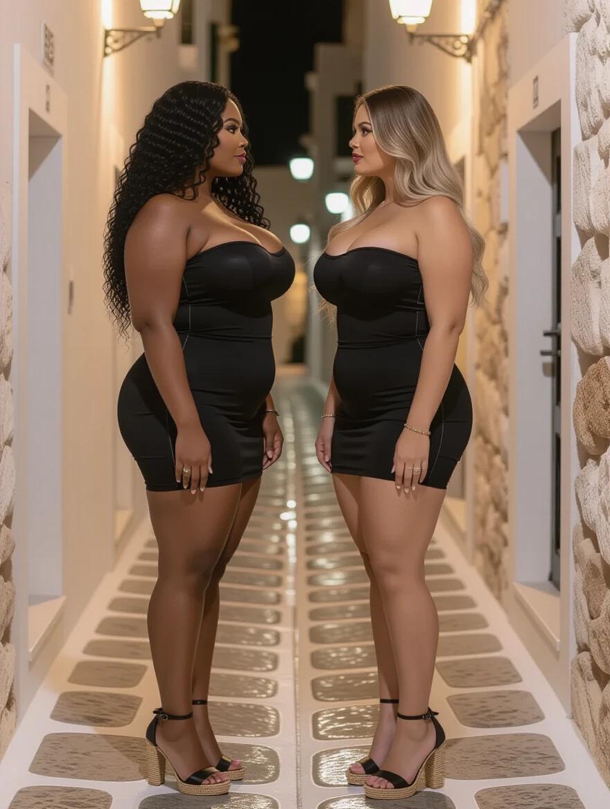 Two women with different skin tones stand facing each other. One woman has long curly black hair while the other has long wavy blonde hair. Both wear tight black strapless dresses and high heels. They are in a narrow alley in Mykonos at night.