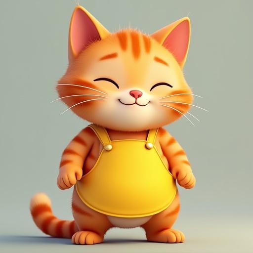 A semi-realistic orange tabby cat in a yellow apron. The cat has closed eyes and a gentle smile, standing calmly. It resembles a kind preschool teacher after a stressful moment.