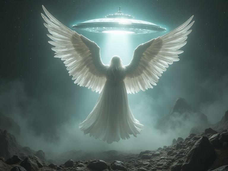 white evil angels emerging from saucer-shaped UFO.