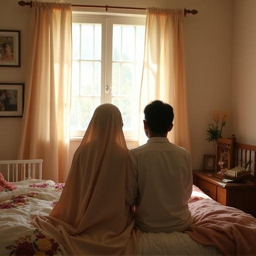A couple sits side by side on a bed in a modest Pakistani bedroom. They wear traditional attire and show deep emotional pain. Sunlight filters through the window casting a soft glow. Surrounding details include family photos, an empty crib, and religious symbols. Focus on their backs as they face the viewer, conveying their struggles with infertility.