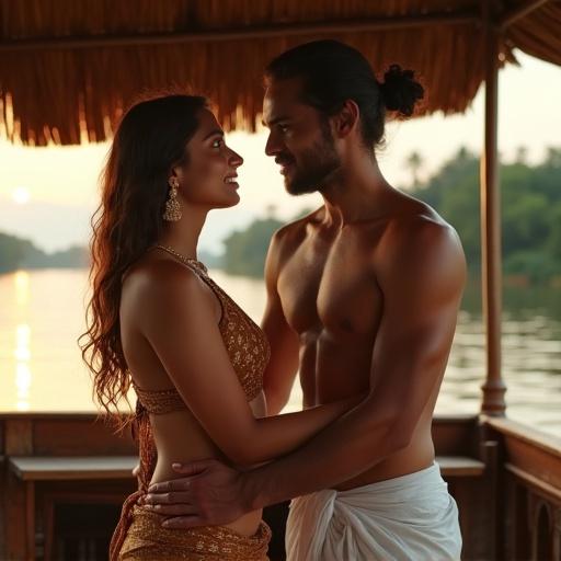 Inside a wooden houseboat on the lush Kerala backwaters. A woman wears a bronze silk bikini blouse with gold and a soft kasavu dhoti wrapped. Damp hair rests on shoulder. A man in a white mundu holds her waist gently. They gaze at each other as calm water reflects the fading sun.