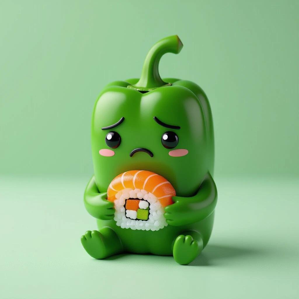 Low saturation image with a dark green cute sad pepper. Pepper holds sushi, sitting on smooth light green surface.