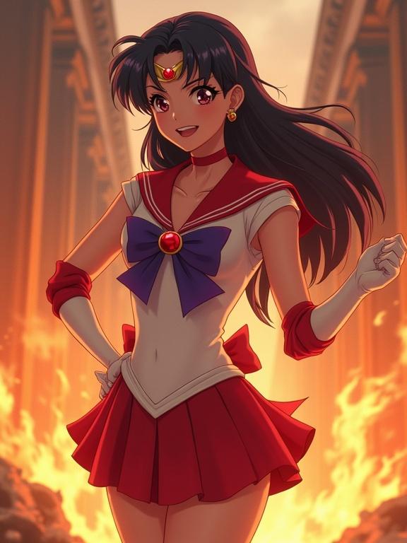 Sailor Mars character depicted in a dramatic pose. She wears a distinct red and white uniform featuring a purple bow. A red pleated miniskirt complements her outfit. Long black hair flows behind her. Intense flames surround her, suggesting power and determination. The background shows ruins reminiscent of ancient Greece.