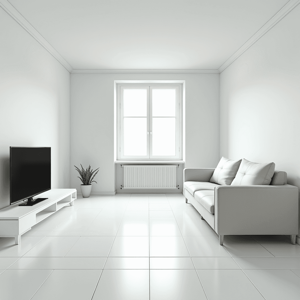 A spacious, minimalist living room with a light gray sofa, a small white TV stand with a flat screen TV, and a potted plant, all framing a large window with a radiator beneath.