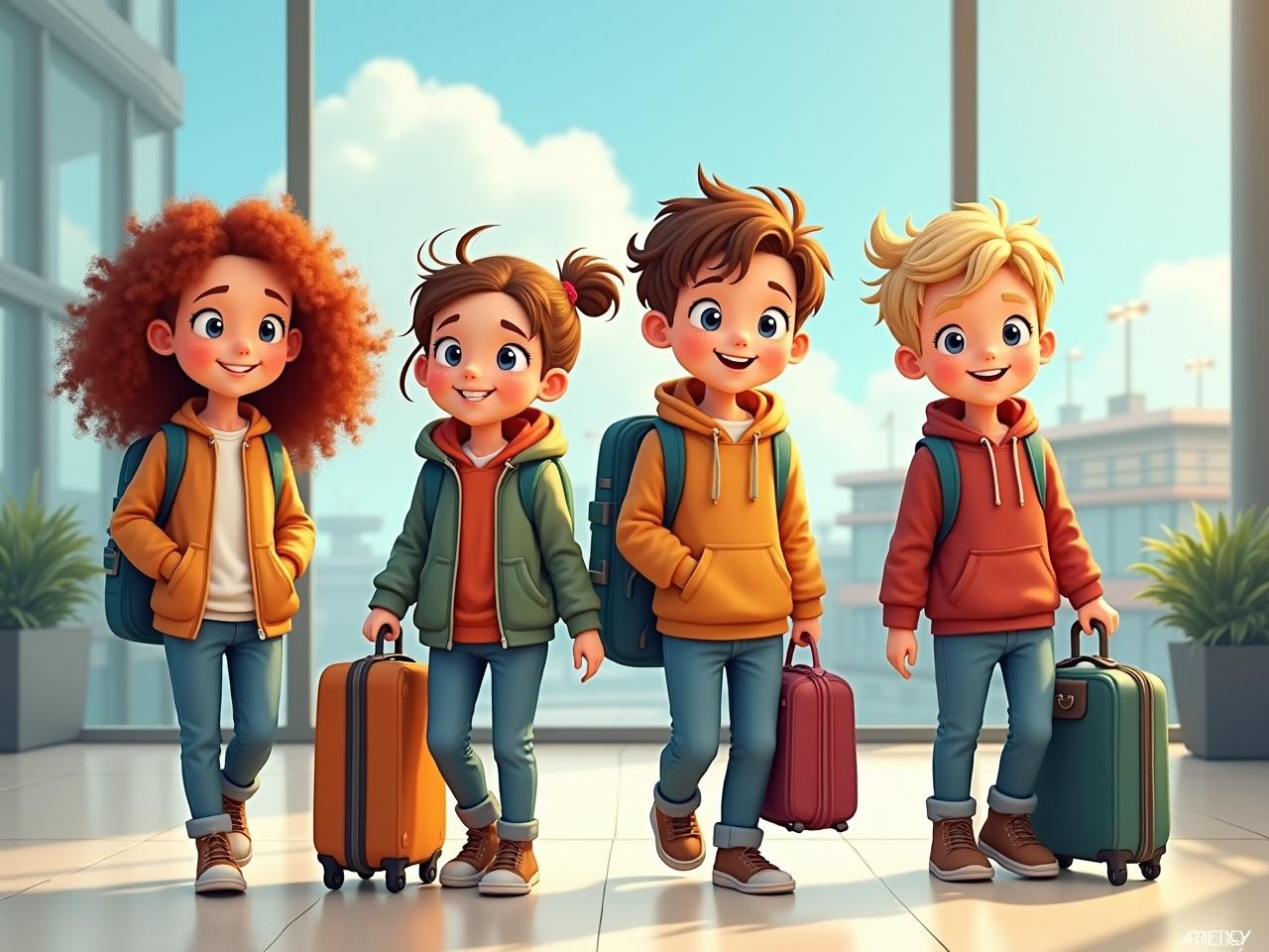 Four cheerful children, dressed warmly in colorful hoodies and jackets, walk confidently through a bright, modern airport. Each child carries a small suitcase, suggesting they are about to embark on a journey. The setting radiates with natural light, adding a sense of warmth and excitement to the scene.