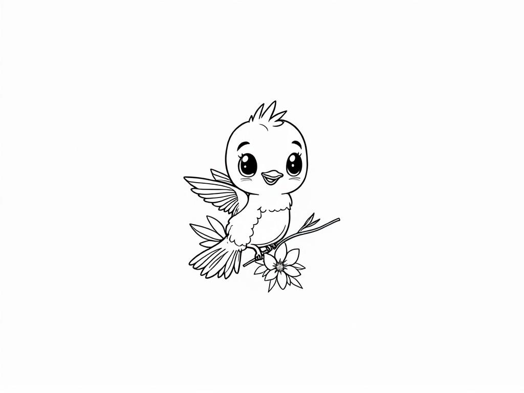 This charming illustration features a cartoon-style bird perched joyfully on a branch adorned with a flower. The bird's large, expressive eyes and cheerful expression evoke a sense of happiness and playfulness. The illustration's simple black and white outline allows for potential coloring and customization.