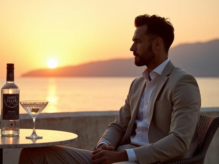 A hyper-realistic photograph featuring a sharply dressed man seated alone at a luxury beachfront lounge during sunset. A chilled bottle of Mont Black Classic vodka and a crystal martini glass on a marble table. The man looks thoughtfully toward the horizon with Mount Lovćen visible in the background. Warm golden light reflects off the bottle's platinum foil.