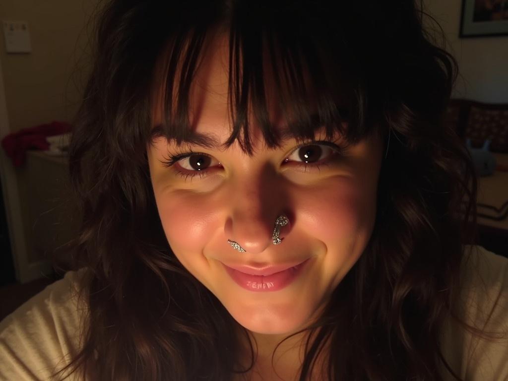 The image shows a close-up of a person with dark hair. They are in a cozy, warm setting with soft lighting that enhances the textures of their hair and features. The person has a gentle expression, and their eyes are focused on something in front of them. A sparkling nose ring has been added to their nose, contributing to their unique style. The background includes hints of domestic elements, suggesting a relaxed atmosphere.