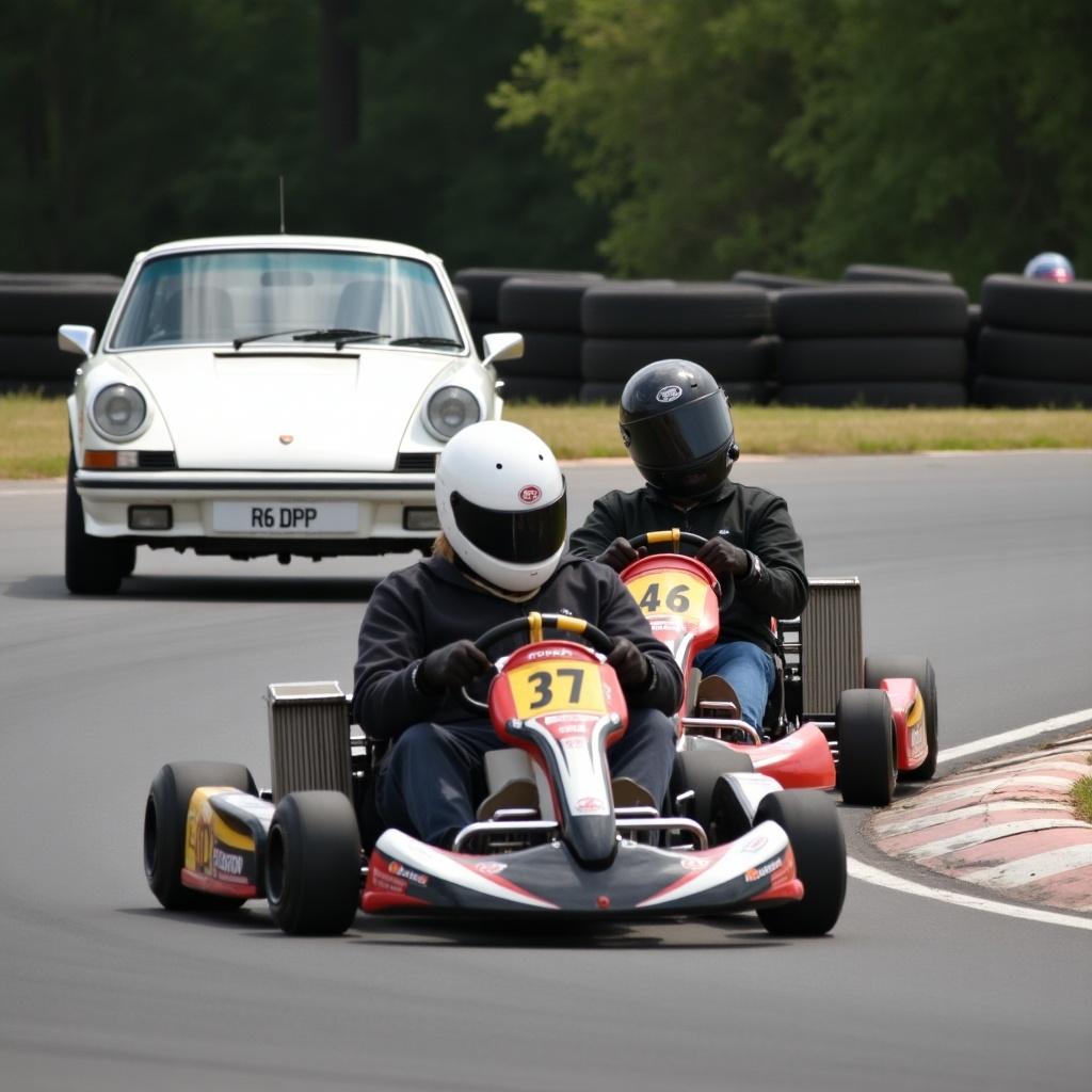 The image captures a vibrant scene of go-kart drivers in helmets racing on a track. Two drivers compete closely, showcasing the excitement of karting. In the background, a white Porsche Carrera with the private registration R6 DPB is visible. The track is lined with black tires and lush green trees. This lively setting highlights the thrill of motorsports in a recreational environment.